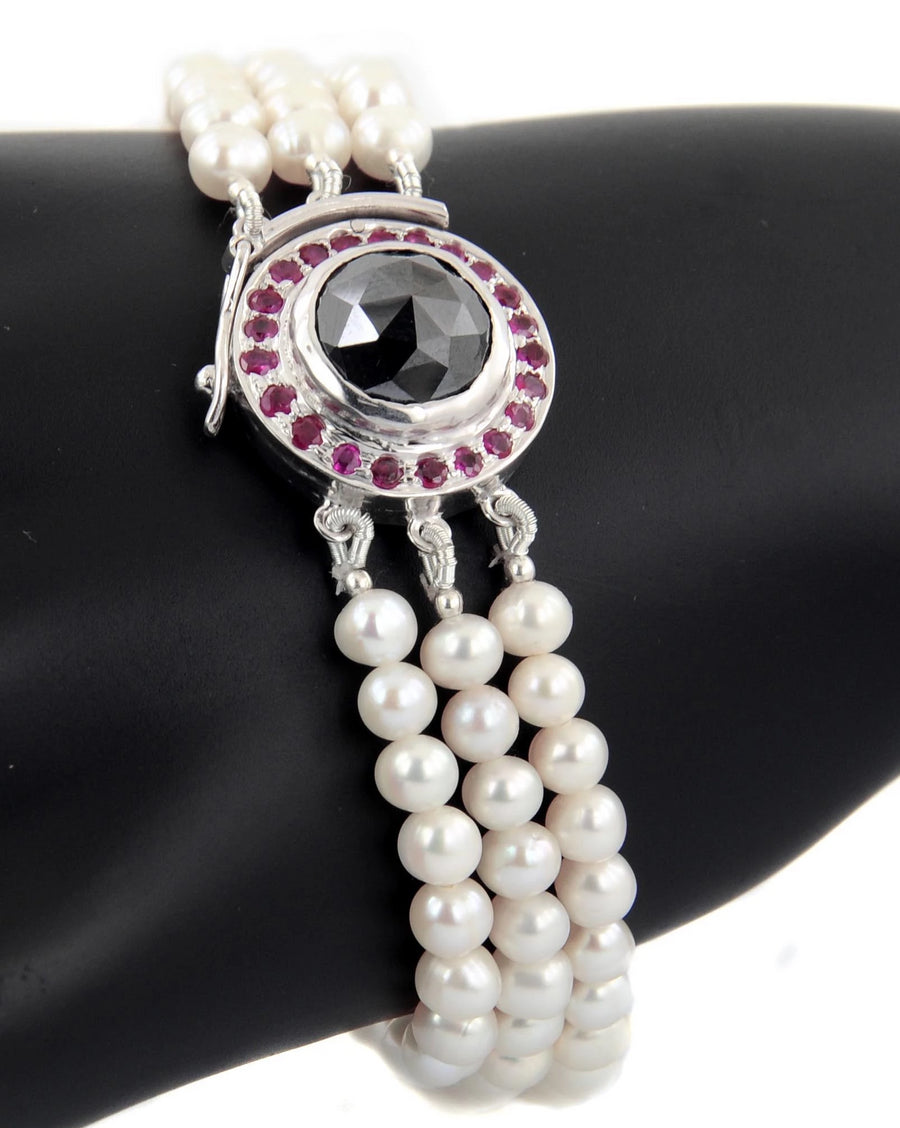 Three Row Pearl Moti with Ruby Accents Designer Bracelet With Black Diamond Clasp - ZeeDiamonds