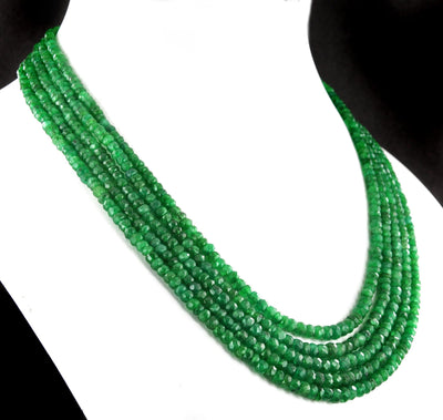 Five Strand Green Emerald Gemstone Beads Necklace, 100% Certified - ZeeDiamonds