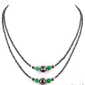 Two Row 2.5 mm Black Diamond Necklace With Emerald Beads - ZeeDiamonds