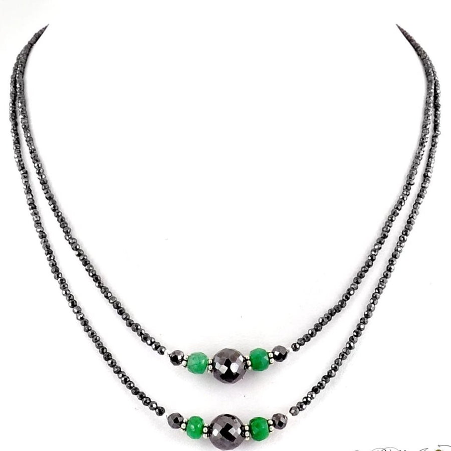 Two Row 2.5 mm Black Diamond Necklace With Emerald Beads - ZeeDiamonds