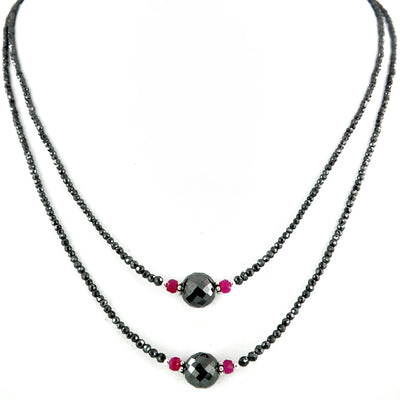2 mm Two Row Black Diamond Necklace With Ruby Beads, Free Studs - ZeeDiamonds