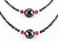 2 mm Two Row Black Diamond Necklace With Ruby Beads, Free Studs - ZeeDiamonds