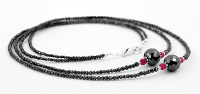 2 mm Two Row Black Diamond Necklace With Ruby Beads, Free Studs - ZeeDiamonds