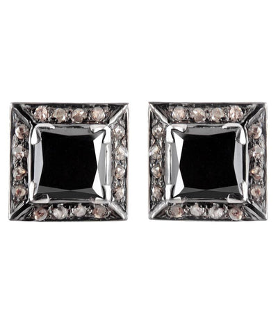 Princess Cut Black Diamond Solitaire Studs With Diamond Accents - ZeeDiamonds