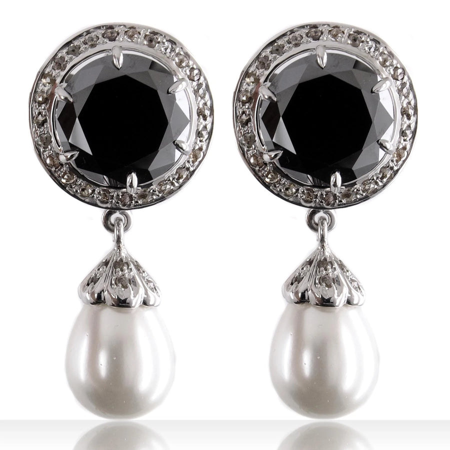4 Ct Black Diamonds Solitaire Earrings with Pearl and Diamond Accents - ZeeDiamonds