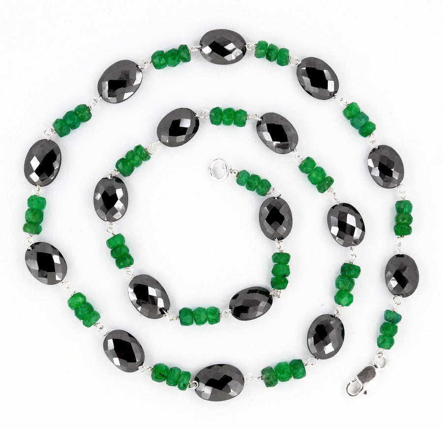 3-4 mm Colombian Emerald and 6-9 mm Black Diamond Fancy Beads Necklace - ZeeDiamonds