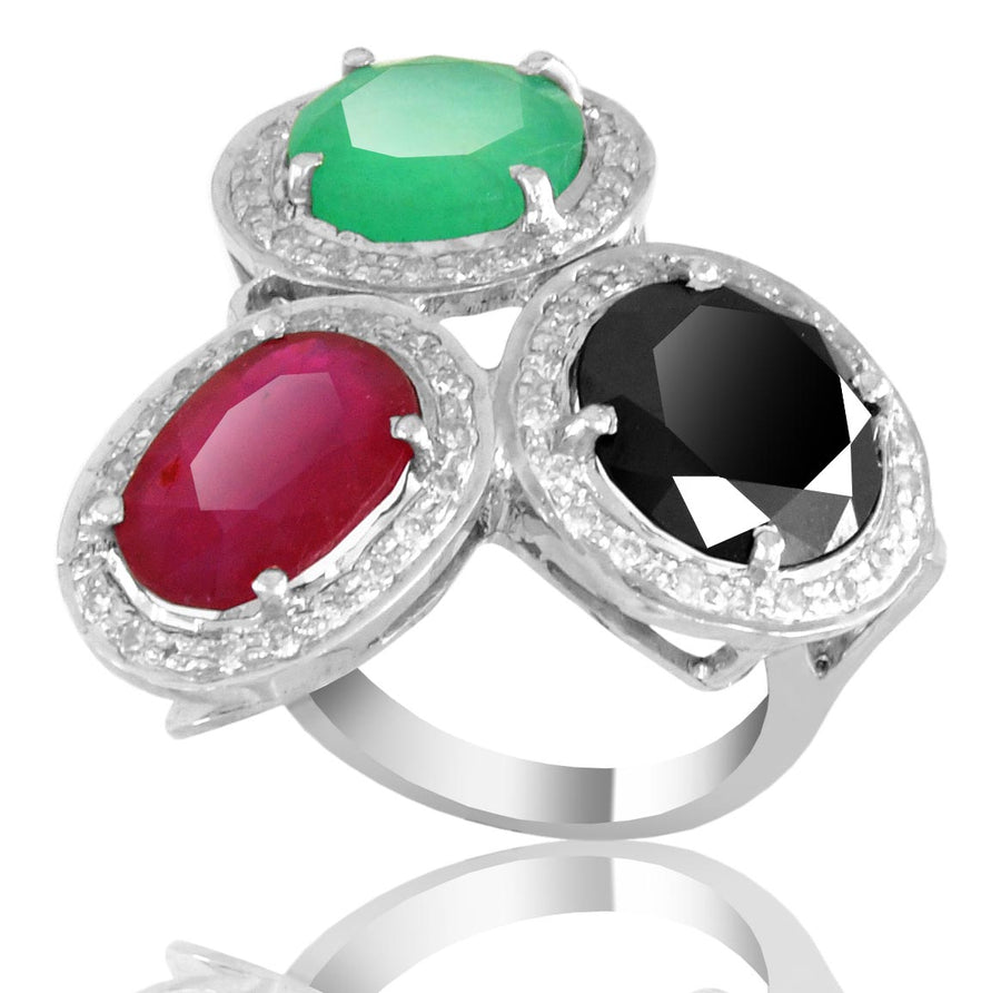 3 Stones Designer Ruby, Emerald and Black Diamond Ring with Diamond Accents - ZeeDiamonds