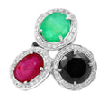 3 Stones Designer Ruby, Emerald and Black Diamond Ring with Diamond Accents - ZeeDiamonds