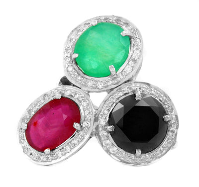 3 Stones Designer Ruby, Emerald and Black Diamond Ring with Diamond Accents - ZeeDiamonds