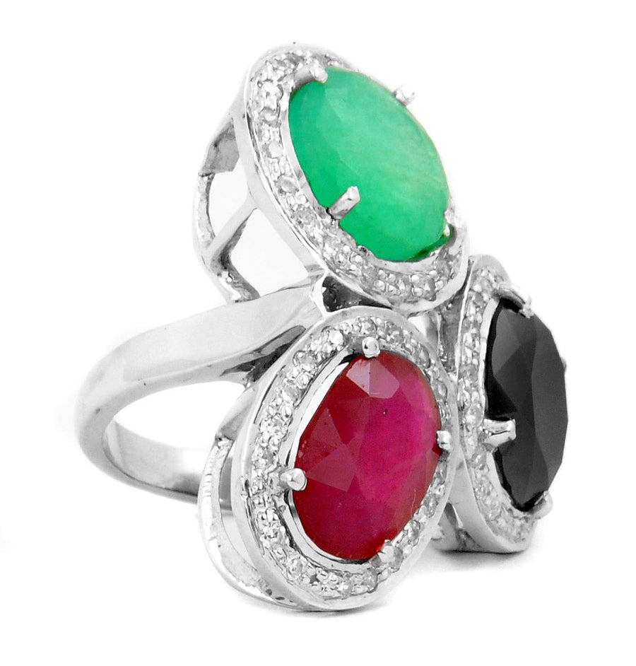 3 Stones Designer Ruby, Emerald and Black Diamond Ring with Diamond Accents - ZeeDiamonds