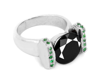 2 Ct Certified, Black Diamond Beautiful Ring With Emerald Gemstone Accents - ZeeDiamonds