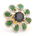 1.50 Ct Gorgeous Black Diamond Statement Ring With Emeralds, Diamond Accents - ZeeDiamonds