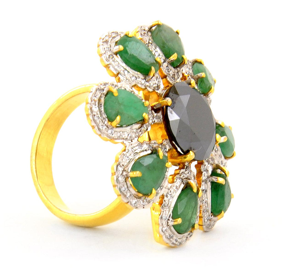 1.50 Ct Gorgeous Black Diamond Statement Ring With Emeralds, Diamond Accents - ZeeDiamonds