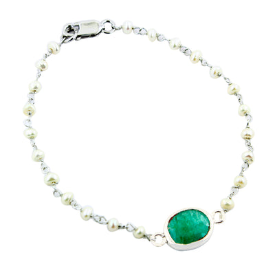 11 Ct Emerald With Pearl (Moti) 100% Certified Beaded, Sterling Silver Bracelet - ZeeDiamonds