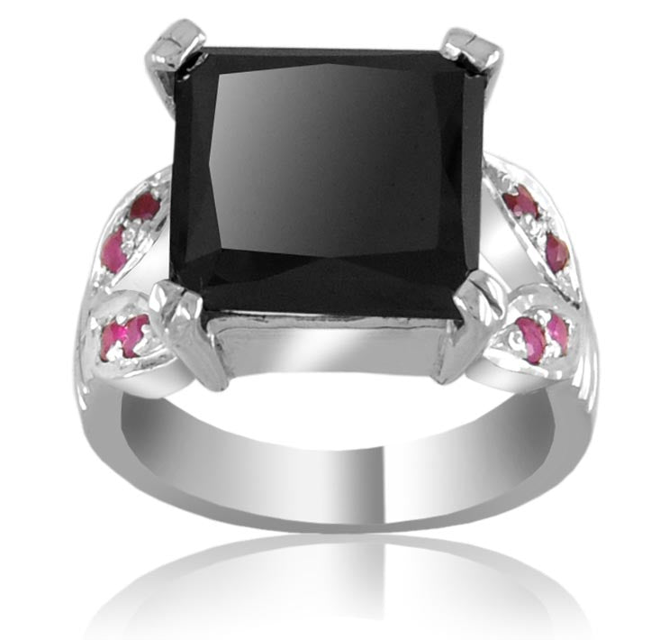 2.50 Certified Black Diamond Ring With Madagascar Rubies Accents, Great Shine - ZeeDiamonds