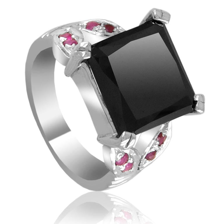 2.50 Certified Black Diamond Ring With Madagascar Rubies Accents, Great Shine - ZeeDiamonds