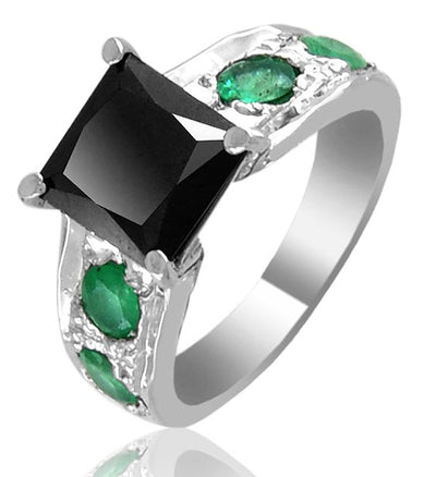 2 ct Princess Cut Black Diamond Ring with Gemstone Accents, Great Luster - ZeeDiamonds