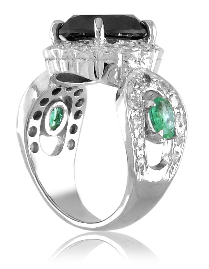2 Ct Designer Black Diamond Cocktail Ring With White Diamonds and Emeralds - ZeeDiamonds