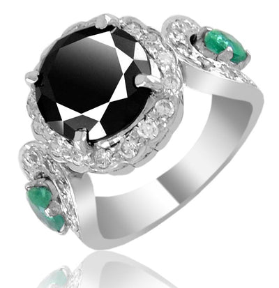 2 Ct Designer Black Diamond Cocktail Ring With White Diamonds and Emeralds - ZeeDiamonds