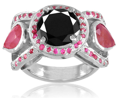 1.50 Ct Black Diamond Cocktail Ring With Ruby Accents, Gorgeous Design - ZeeDiamonds