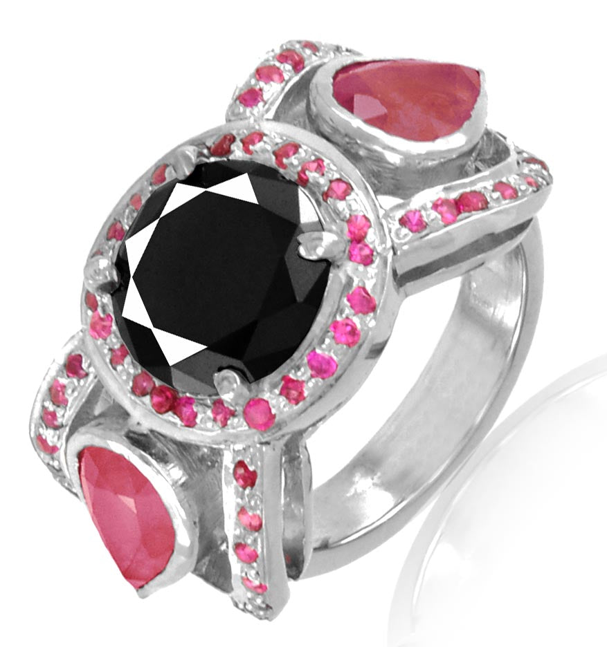 1.50 Ct Black Diamond Cocktail Ring With Ruby Accents, Gorgeous Design - ZeeDiamonds