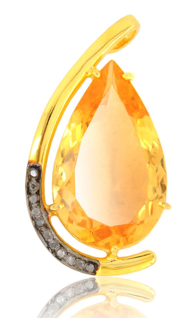 15-20cts Pear Shape Citrine Pendant in Sterling Silver With Rosecut Diamond Accents - ZeeDiamonds