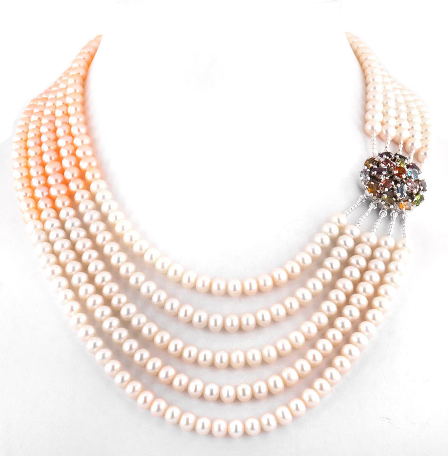 5 mm Pearl Gemstone Beads Five Row Necklace with Multi Color Gemstone Clasp - ZeeDiamonds