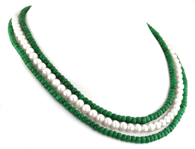 Three Strand Pearl (Moti) & Emerald Beaded Gemstone Fancy Necklace For Women's - ZeeDiamonds