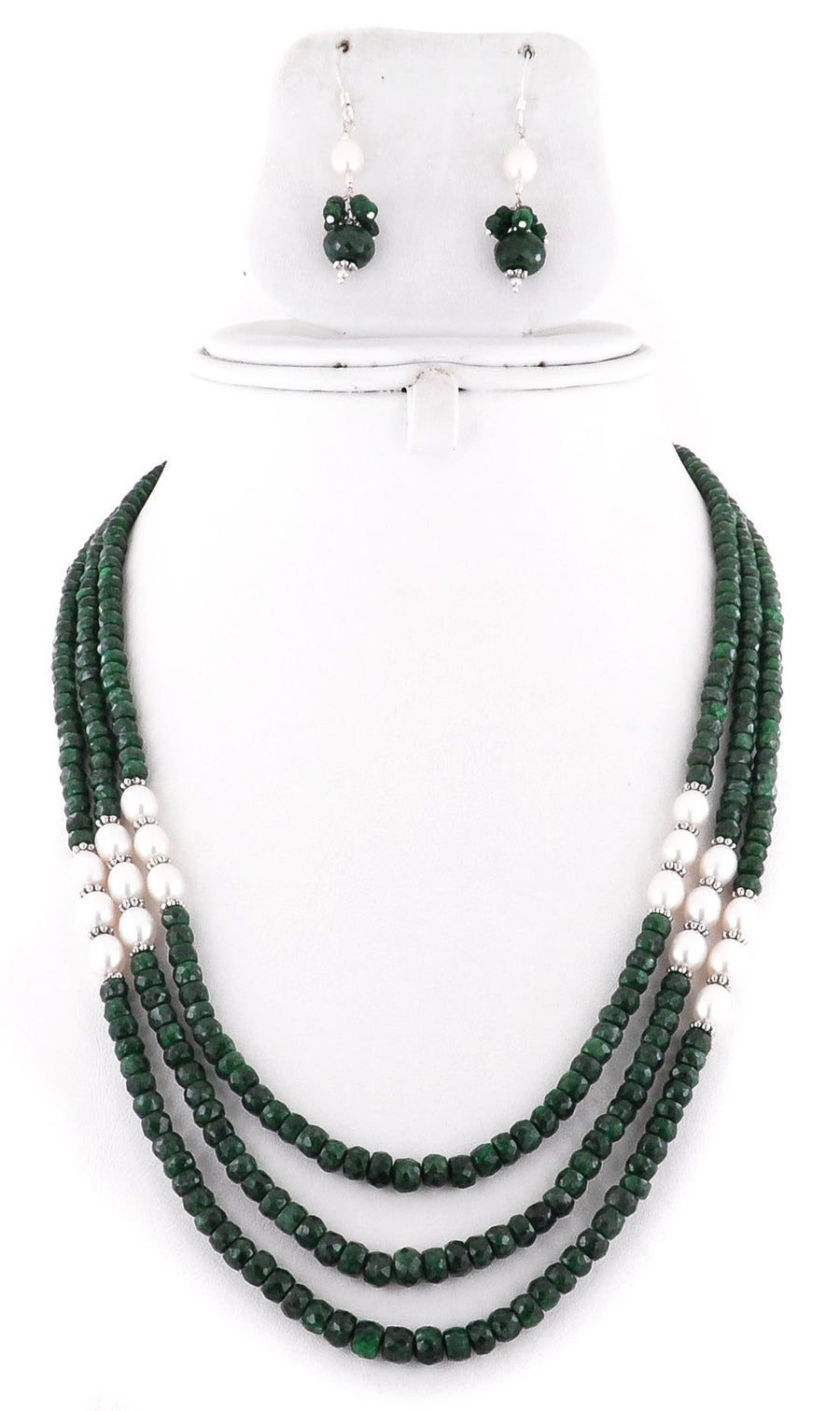 3-4 mm Emerald Beads with Pearls (Moti) Three Strand Designer Necklace - ZeeDiamonds