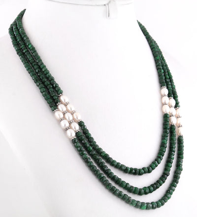 3-4 mm Emerald Beads with Pearls (Moti) Three Strand Designer Necklace - ZeeDiamonds