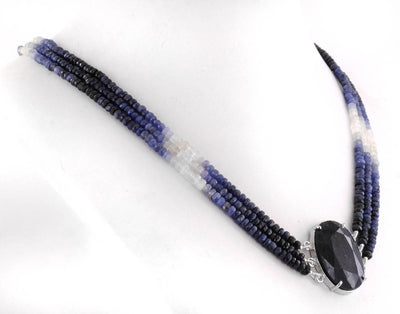 3- 4 mm Blue Sapphire Gemstone Choker Style Three Row Necklace In Sterling Silver - ZeeDiamonds