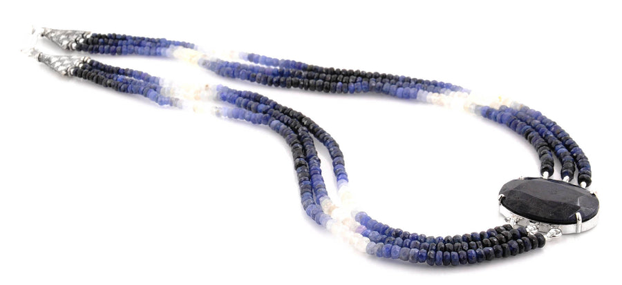 3- 4 mm Blue Sapphire Gemstone Choker Style Three Row Necklace In Sterling Silver - ZeeDiamonds