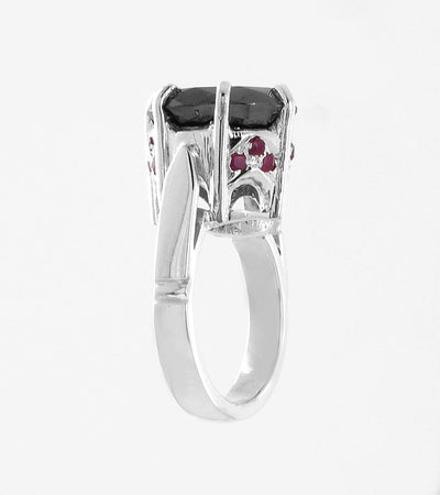 2 Ct Certified Designer Black Diamond Solitaire Ring With Ruby Accents, Excellent Cut - ZeeDiamonds