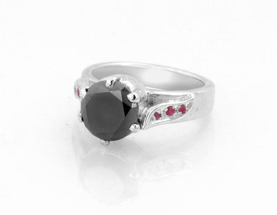 1.50 AAA Certified Black Diamond Solitaire Ring With Ruby Accents, Great Shine - ZeeDiamonds