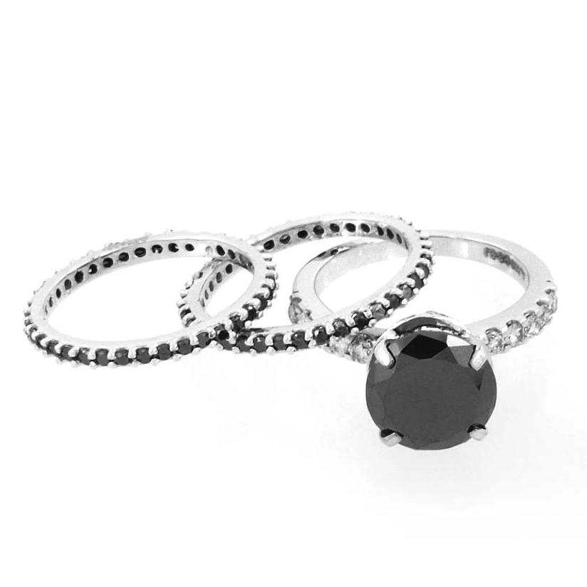 2 Ct Black Diamond Twin Ring With Black and White Diamond Accents - ZeeDiamonds