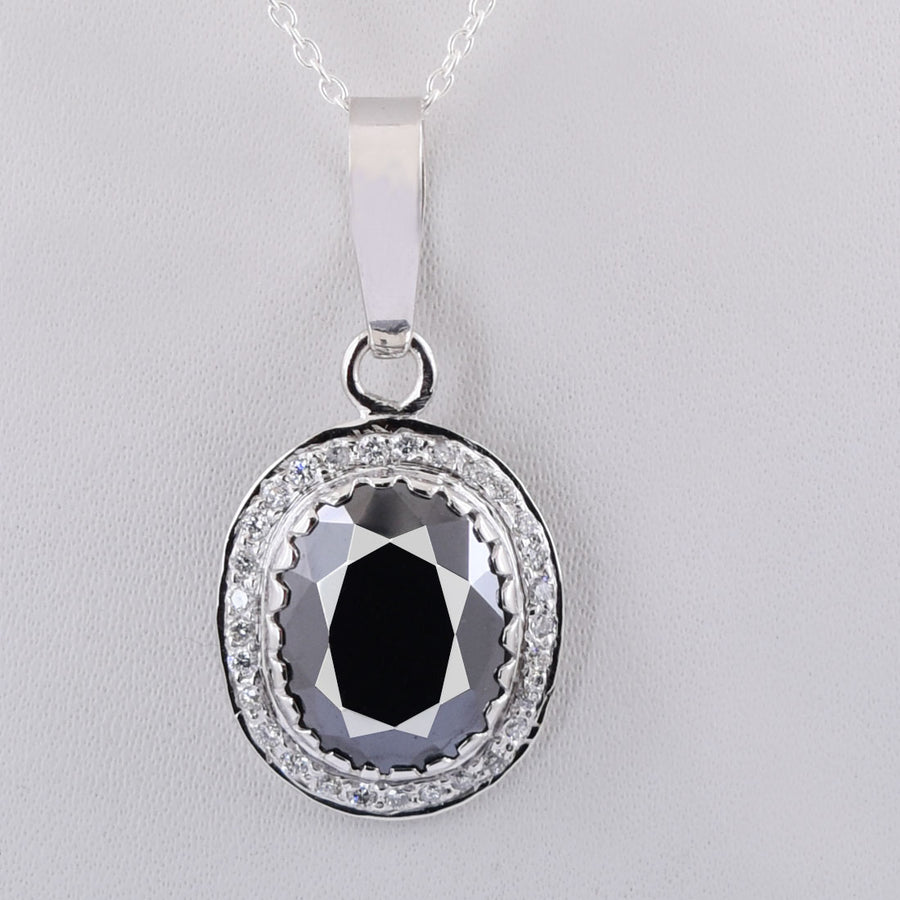 4.5 Ct Oval Faceted Black Diamond Pendant with White Diamond Accents - ZeeDiamonds