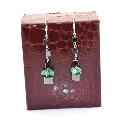 6x8 mm, Certified Black Diamond & Emerald Dangler Silver Earrings - ZeeDiamonds