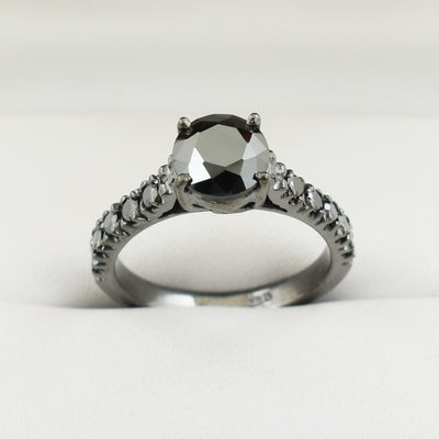 2.5 Ct Black Diamond Solitaire Ring with Black Diamond Accents - ZeeDiamonds