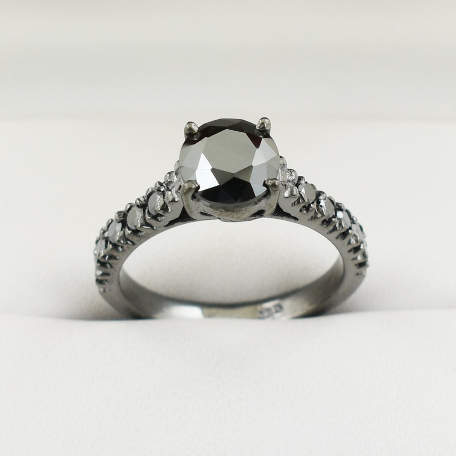 2.5 Ct Black Diamond Solitaire Ring with Black Diamond Accents - ZeeDiamonds