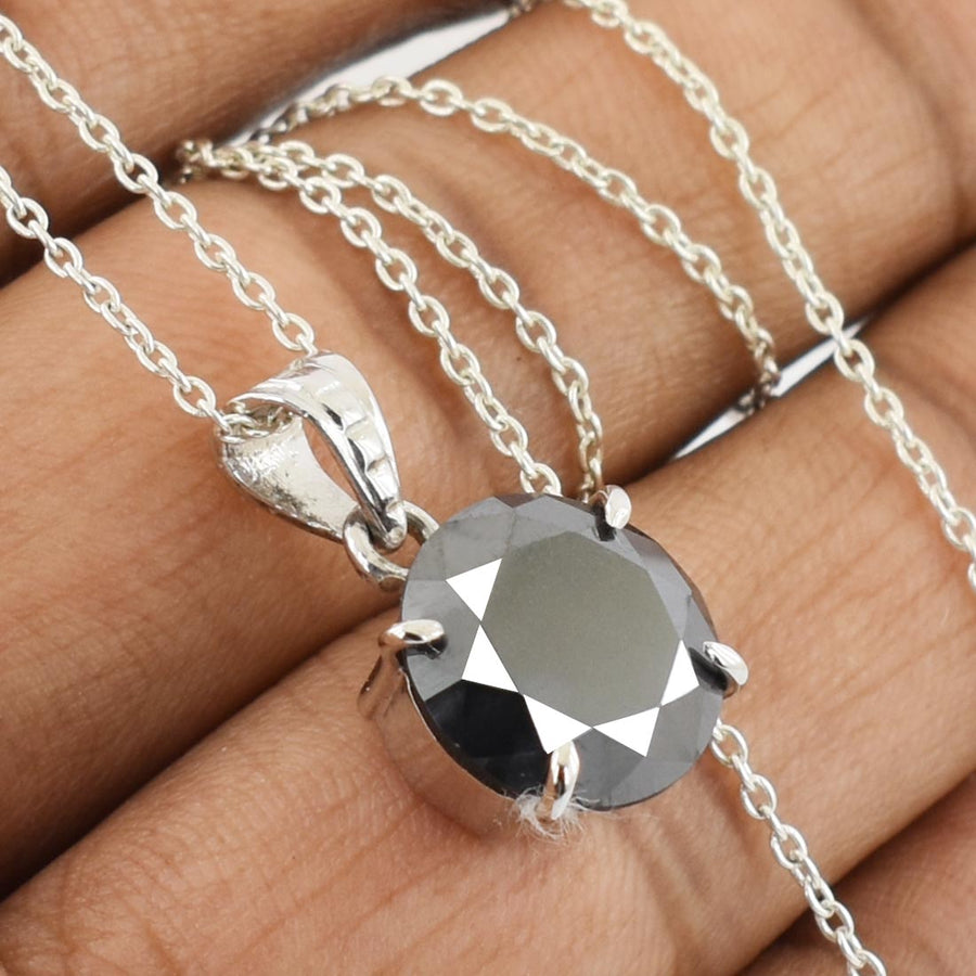 6 Ct Round Cut Black Diamond Pendant in 925 Sterling Silver- Free Chain - ZeeDiamonds
