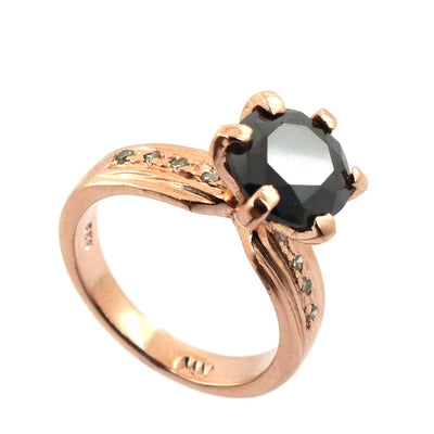 2.5 Ct Round Black Diamond Ring With Rose Cut Diamond Accents - ZeeDiamonds