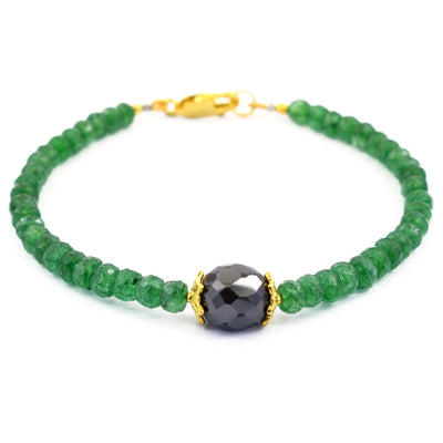 41 Cts Emerald Gemstone Beads & Black Diamond Bead Bracelet In Yellow Gold Clasp - ZeeDiamonds