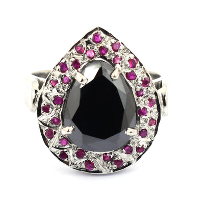 3.5 Ct Pear Shape Black Diamond Ring with Ruby Gemstone Accents - ZeeDiamonds