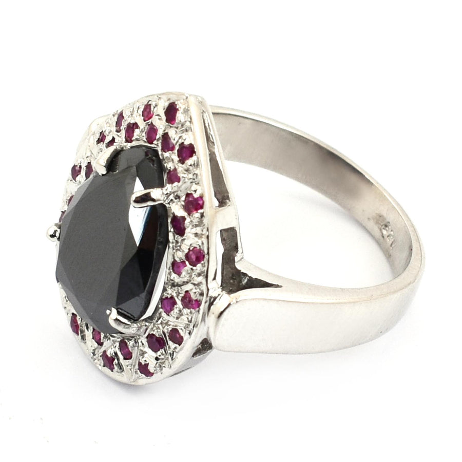 3.5 Ct Pear Shape Black Diamond Ring with Ruby Gemstone Accents - ZeeDiamonds