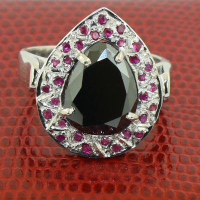 3.5 Ct Pear Shape Black Diamond Ring with Ruby Gemstone Accents - ZeeDiamonds