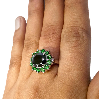 1-3 Cts Black Diamond with Emerald Stone Accents Engagement Ring - ZeeDiamonds