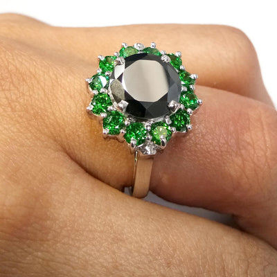 1-3 Cts Black Diamond with Emerald Stone Accents Engagement Ring - ZeeDiamonds