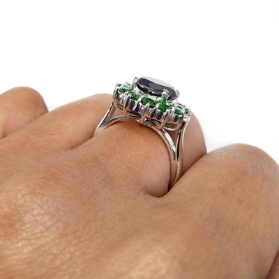 1-3 Cts Black Diamond with Emerald Stone Accents Engagement Ring - ZeeDiamonds