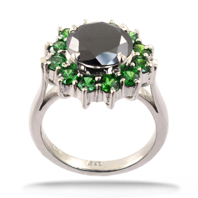 1-3 Cts Black Diamond with Emerald Stone Accents Engagement Ring - ZeeDiamonds