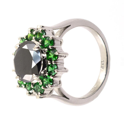 1-3 Cts Black Diamond with Emerald Stone Accents Engagement Ring - ZeeDiamonds